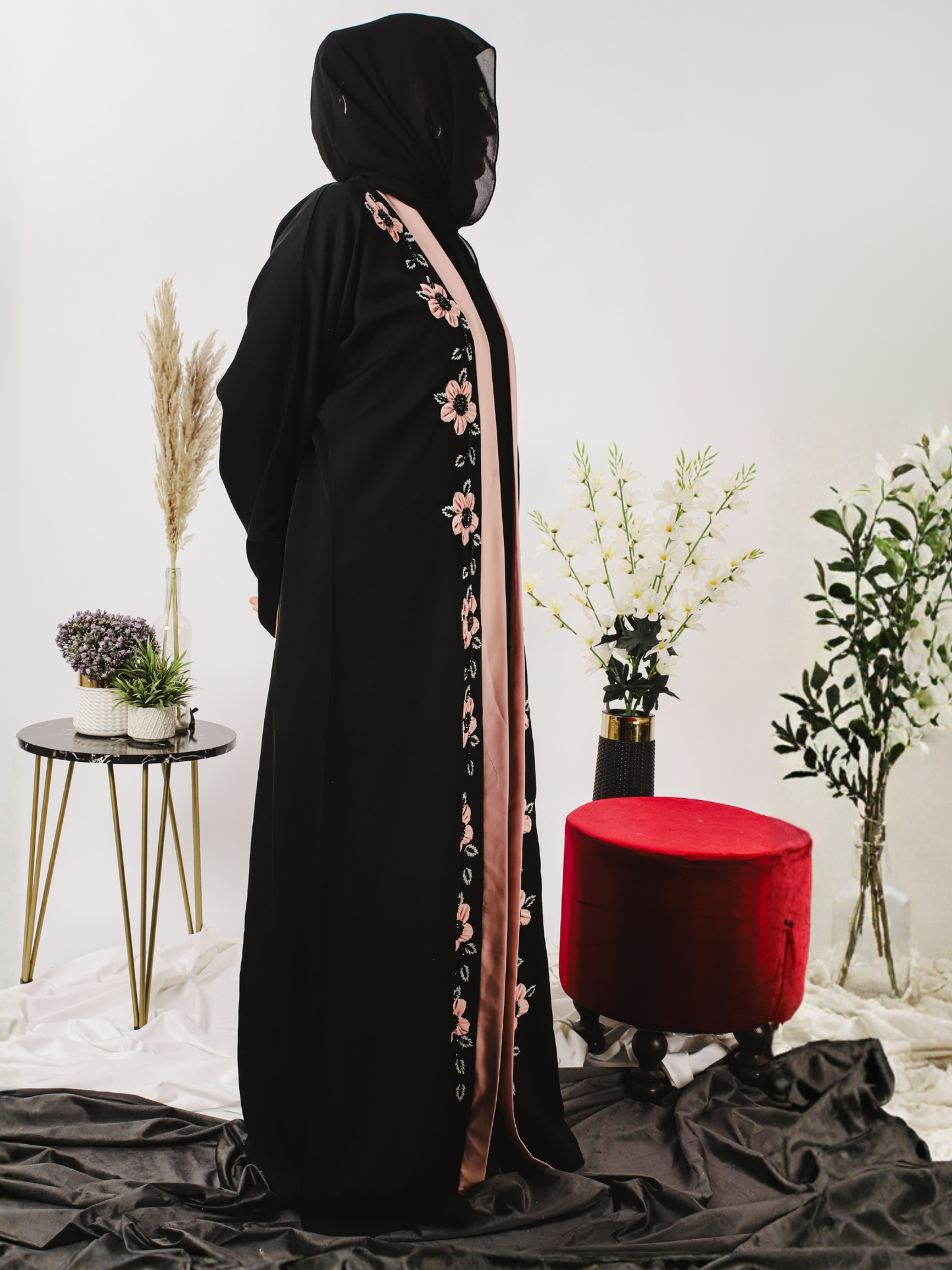 Pink and Black-Nourah Korean Nida Embellished Abaya-Layla