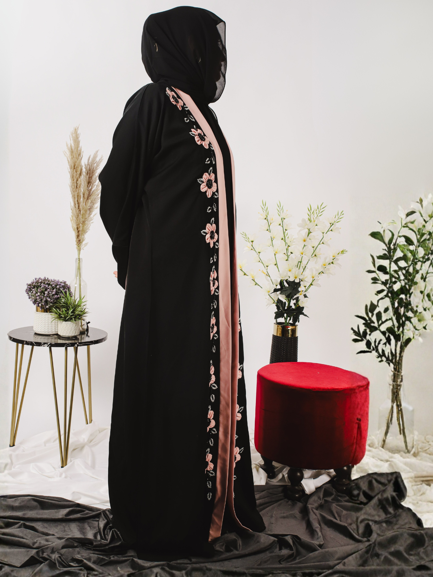Pink and Black-Nourah Korean Nida Embellished Abaya-Layla