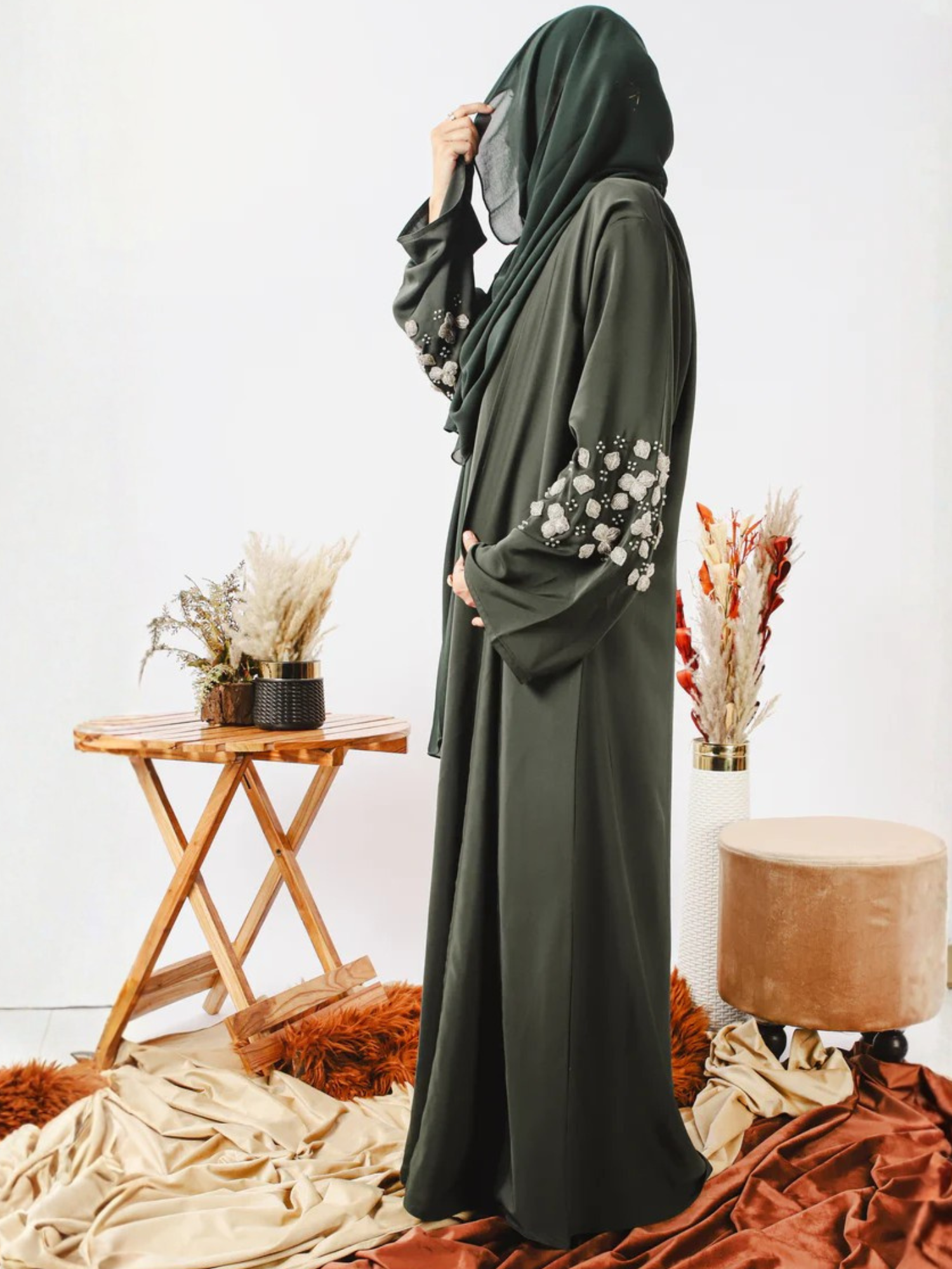 Green-Nourah Nida Embellished Abaya-Abeer