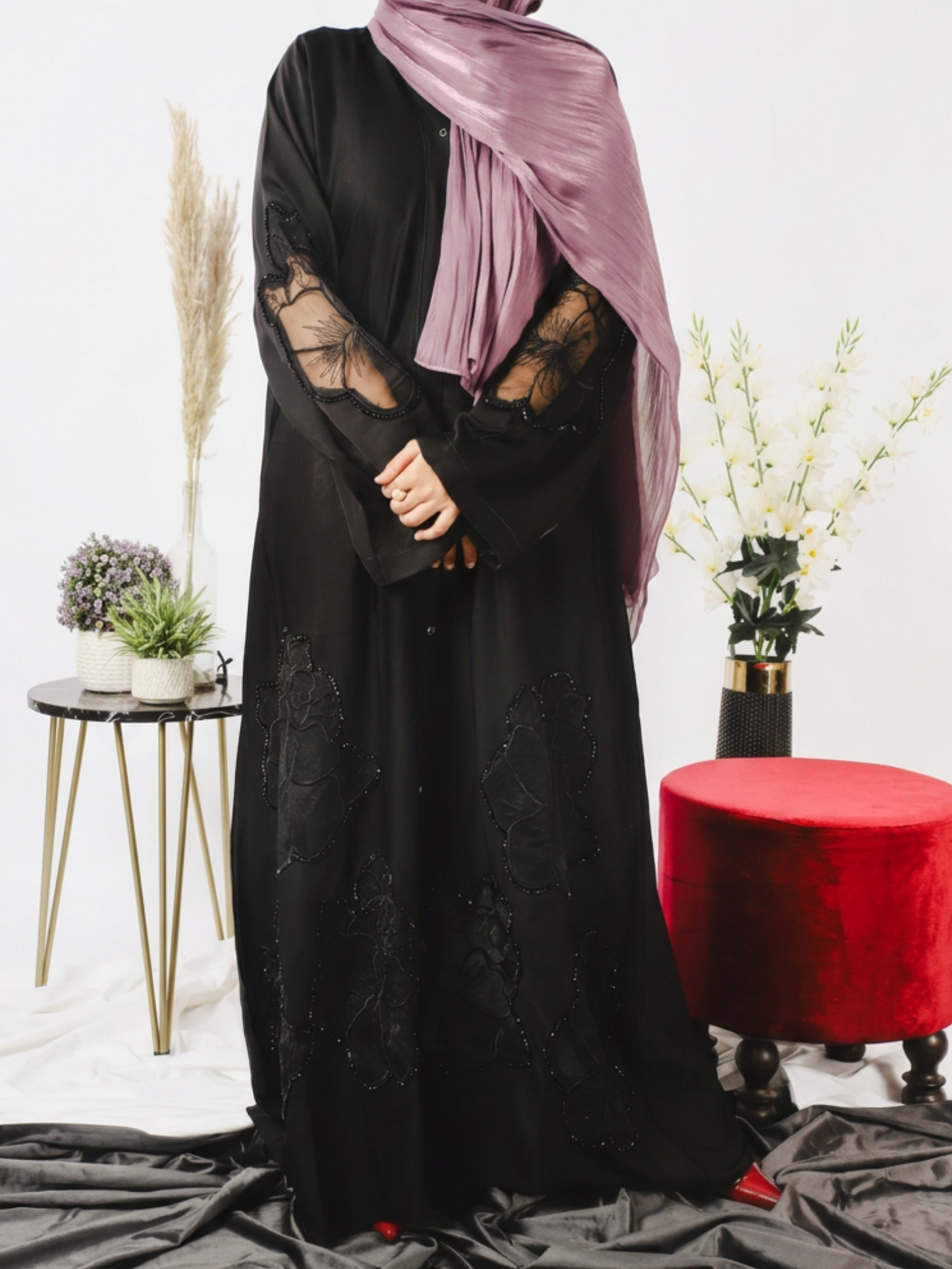 Black-Nourah Nida Embroidered Abaya-Mahal