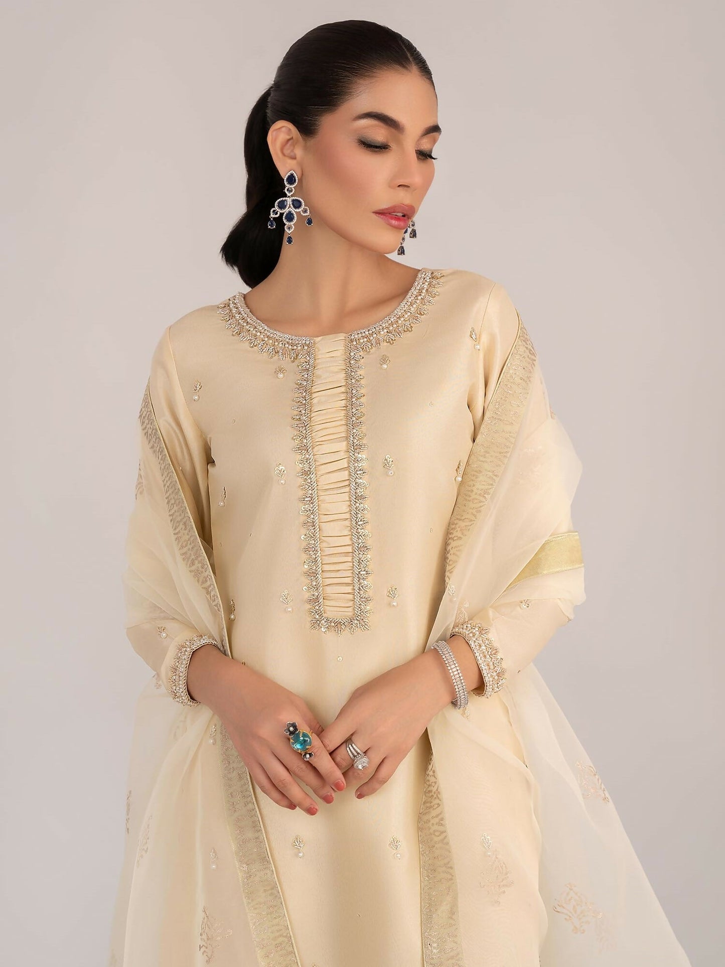 Allure By IH Raw Silk Embellished Stitched 3-Piece Suit-Opal