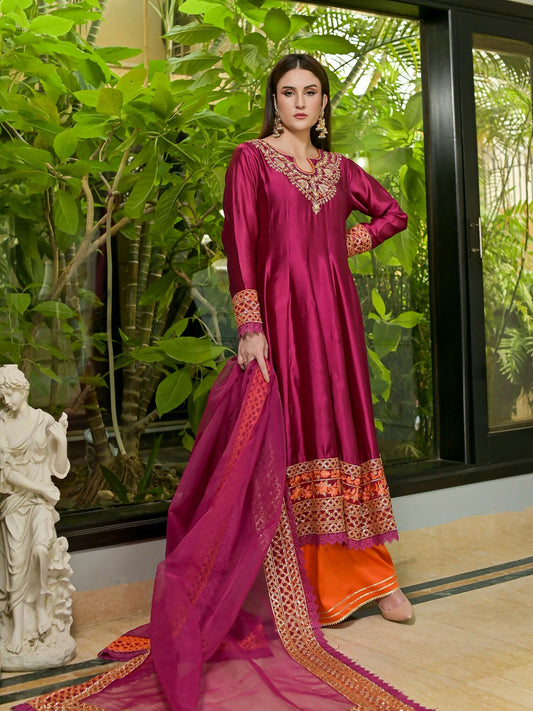 Farooq Hameed Studio Glass Silk Embroidered Stitched 3-Piece Suit-Nyra