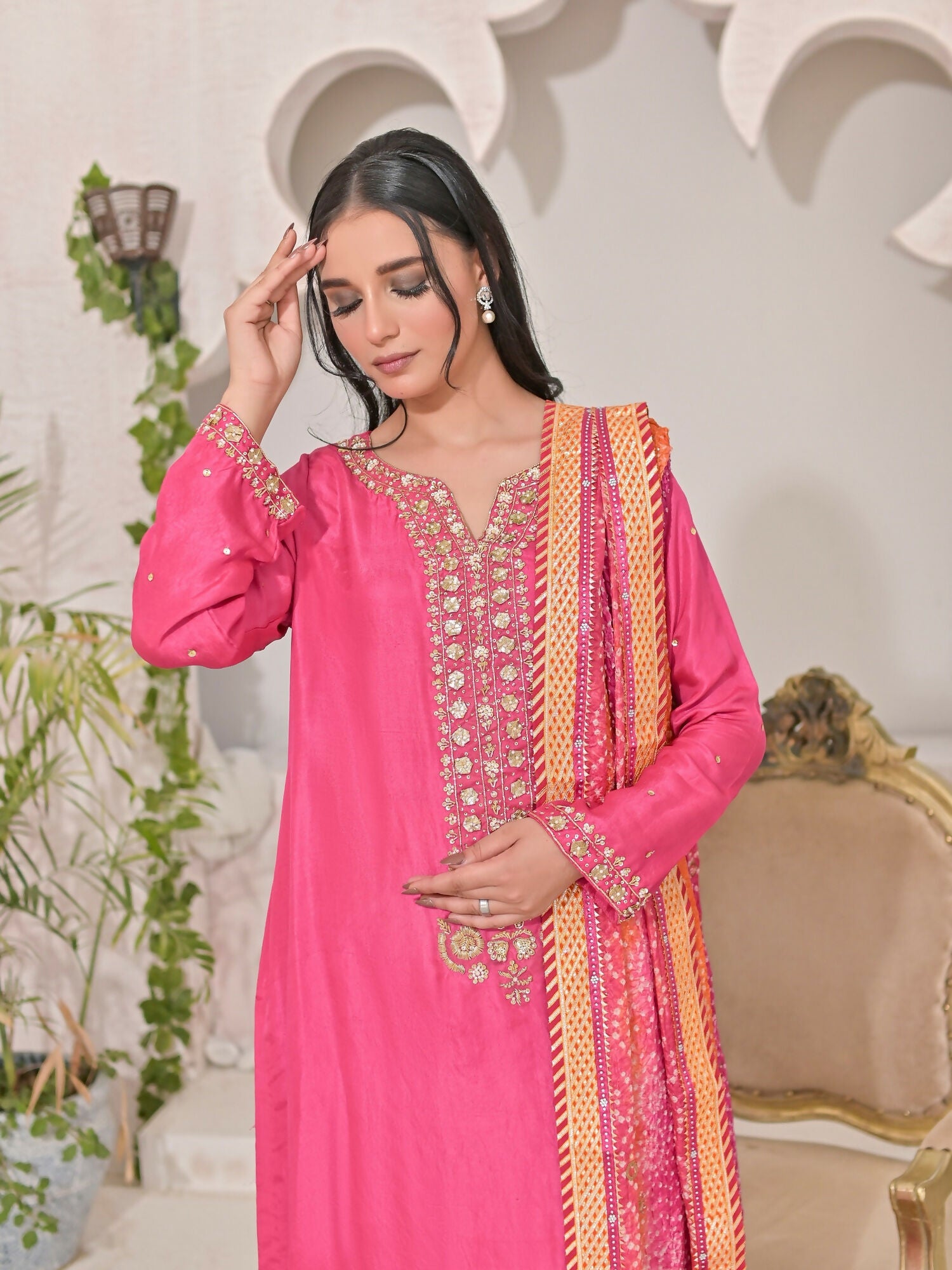 Ruby's Couture Shireen Raw Silk Embroidered Stitched 3-Piece Suit-Basanti