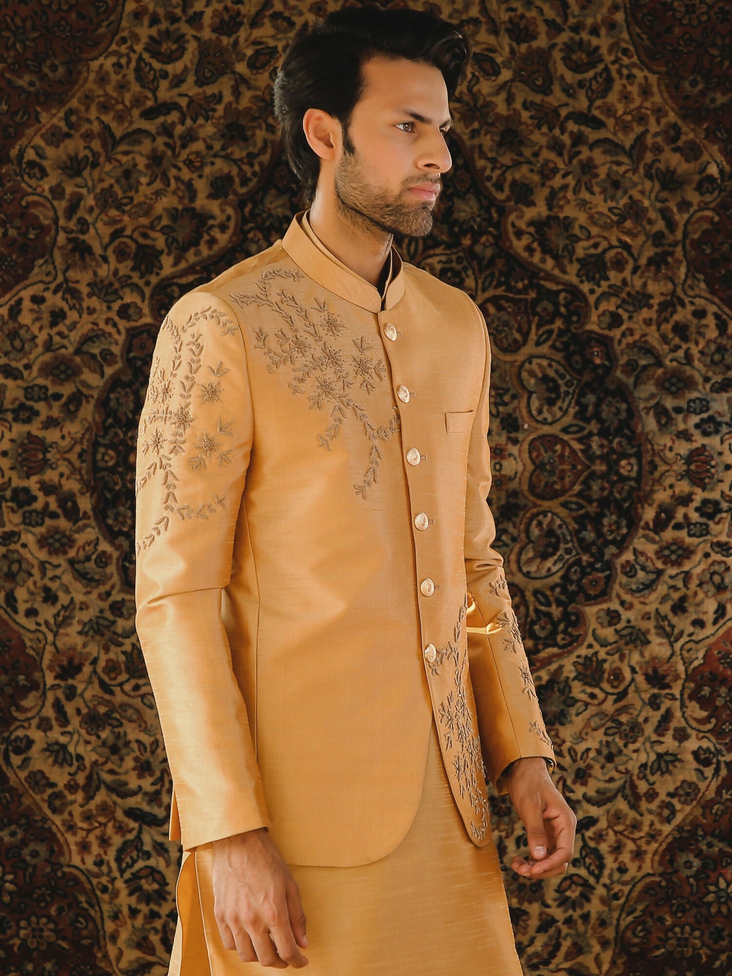 Gem Garments The Sartorial Edit Raw Silk Embellished Prince Coat-Payam
