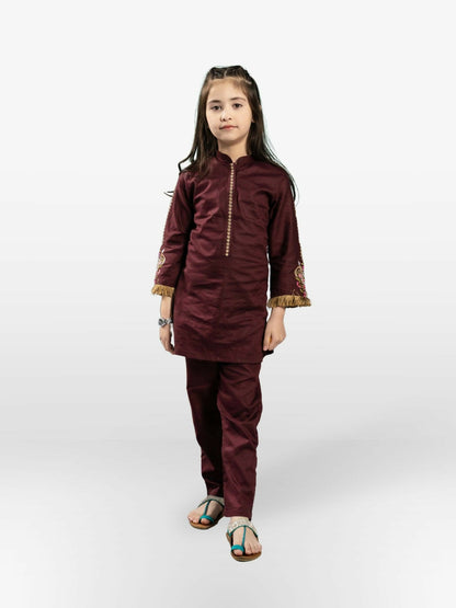 Maroon Velvour Girls Embroidered Stitched 2-Piece Suit-VG73-A