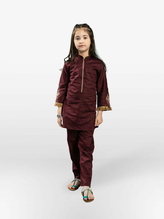 Maroon Velvour Girls Embroidered Stitched 2-Piece Suit-VG73-A