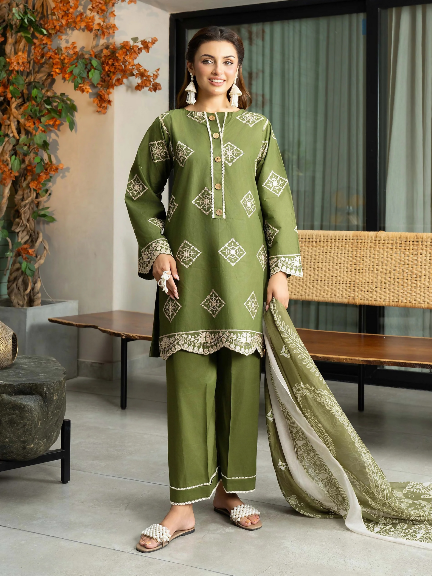 Panache Apparel Solid Story Cotton Lawn Embroidered Stitched Suit-Vana