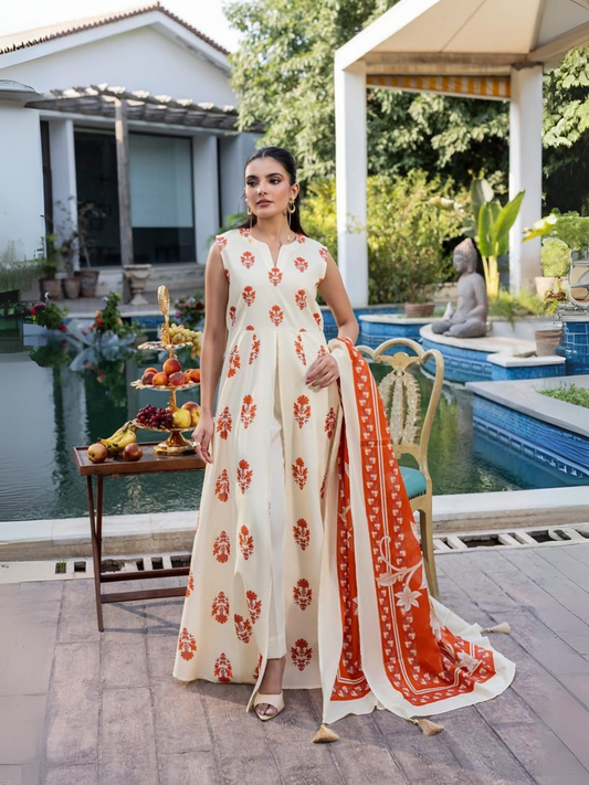 Unstitched 3-piece suit with orange floral printed lawn shirt, printed dobby voil dupatta with tassels, and dyed cotton trouser, perfect for summer tailoring.