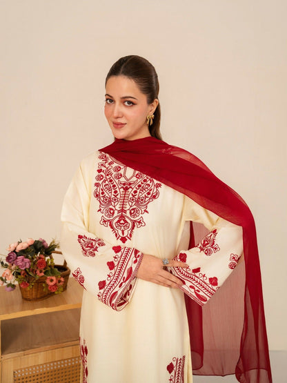 Stylish Collection Whisper Pret Linen Embroidered Stitched 3-Piece Suit-Laal Bahar