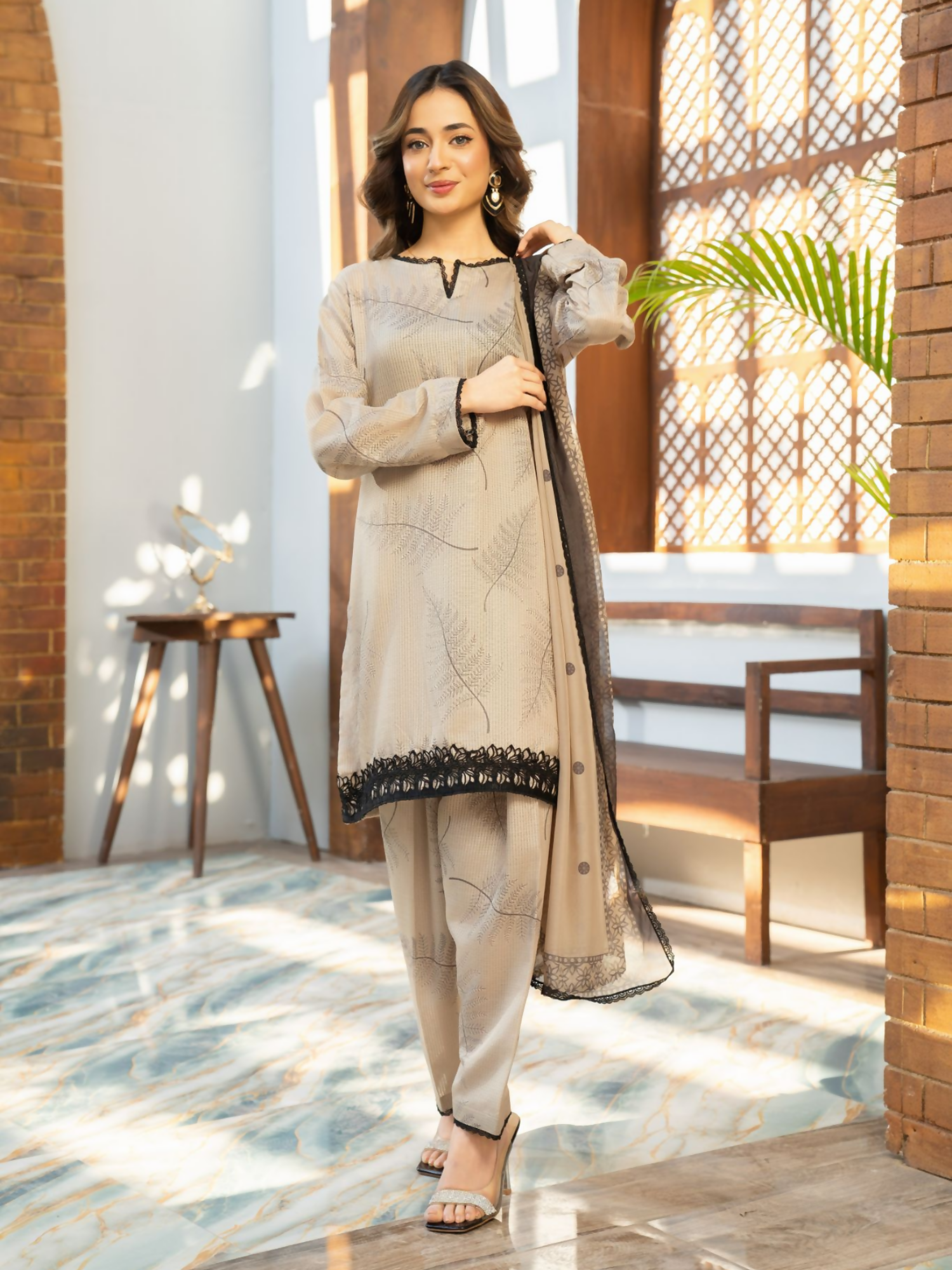 Panache Apparel Fiona SS'25 Dobby Lawn Printed Stitched Suit-Dune