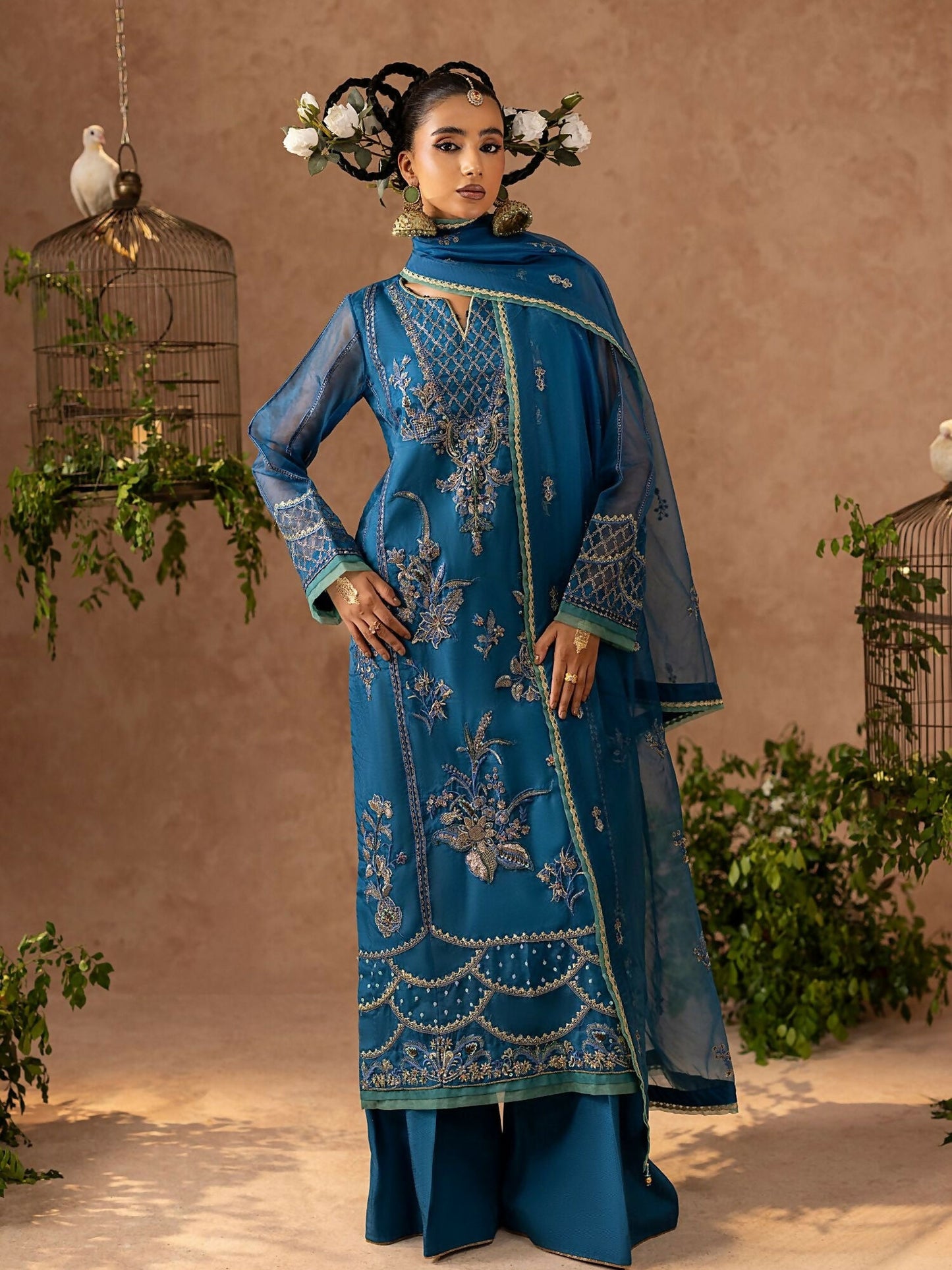 Shurooq Geet Organza Embroidered Stitched 3-Piece Suit-Jugni
