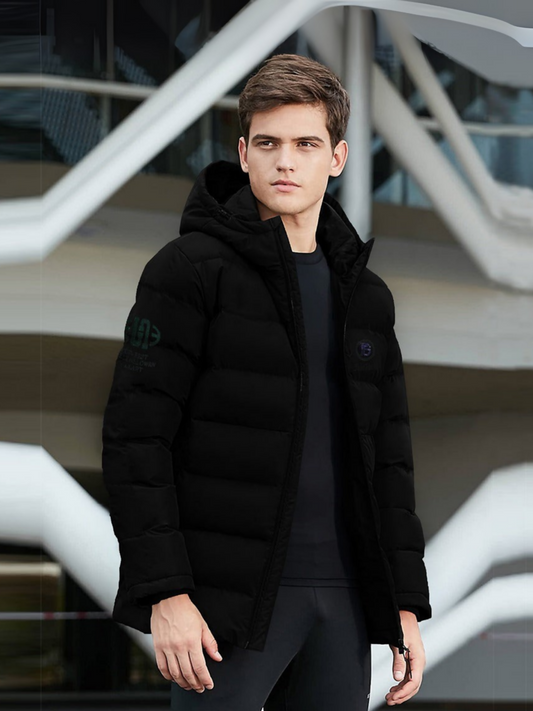 Funky Northbound Radiance Imported Heavy Insulated Padded Jacket for Men, crafted from 100% micro synthetic polyester. Featuring water-repellent, snow-repellent, and wind-blocking qualities, with stylish back stone work fashion patch and front logo. Durable, warm, and perfect for winter wear.