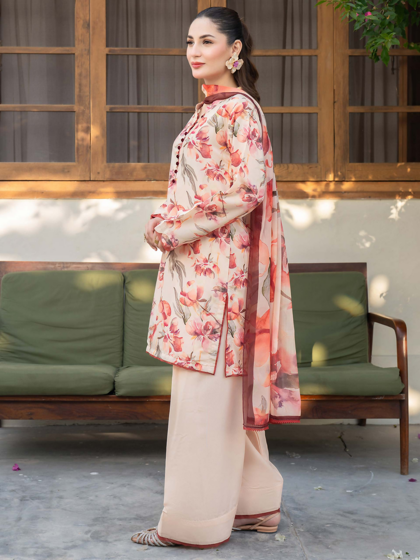 Panache Apparel Mah-e-Noor Rawsilk Printed Stitched Suit-Coral Blush