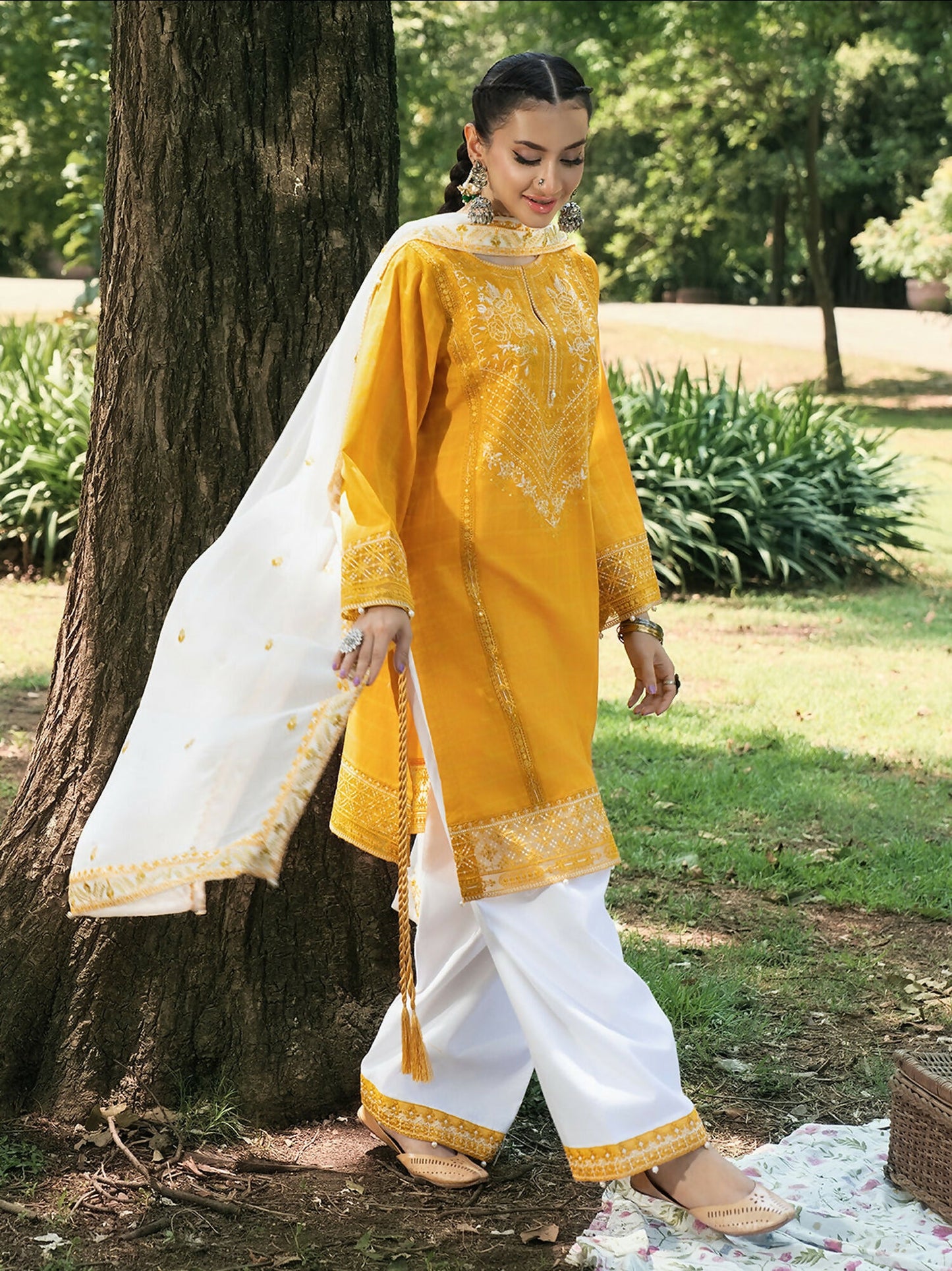 Hemstitch Lawn Embroidered Stitched 3-Piece Suit-Saffron Petal