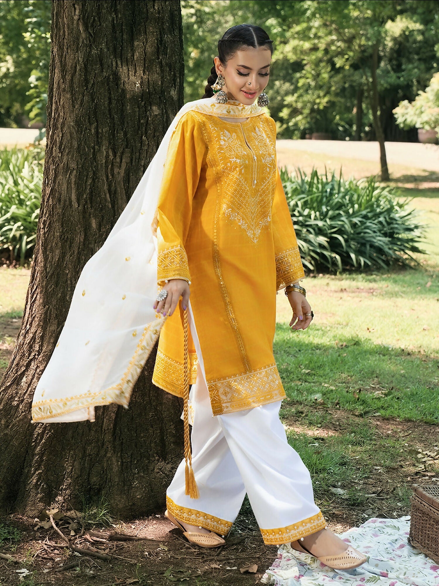 Hemstitch Lawn Embroidered Stitched 3-Piece Suit-Saffron Petal