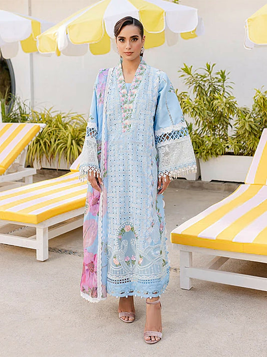 Unstitched 3-piece suit with embroidered lawn front and sleeves, embroidered neckline and daman, printed silk dupatta, and dyed cambric trouser, perfect for elegant seasonal wear