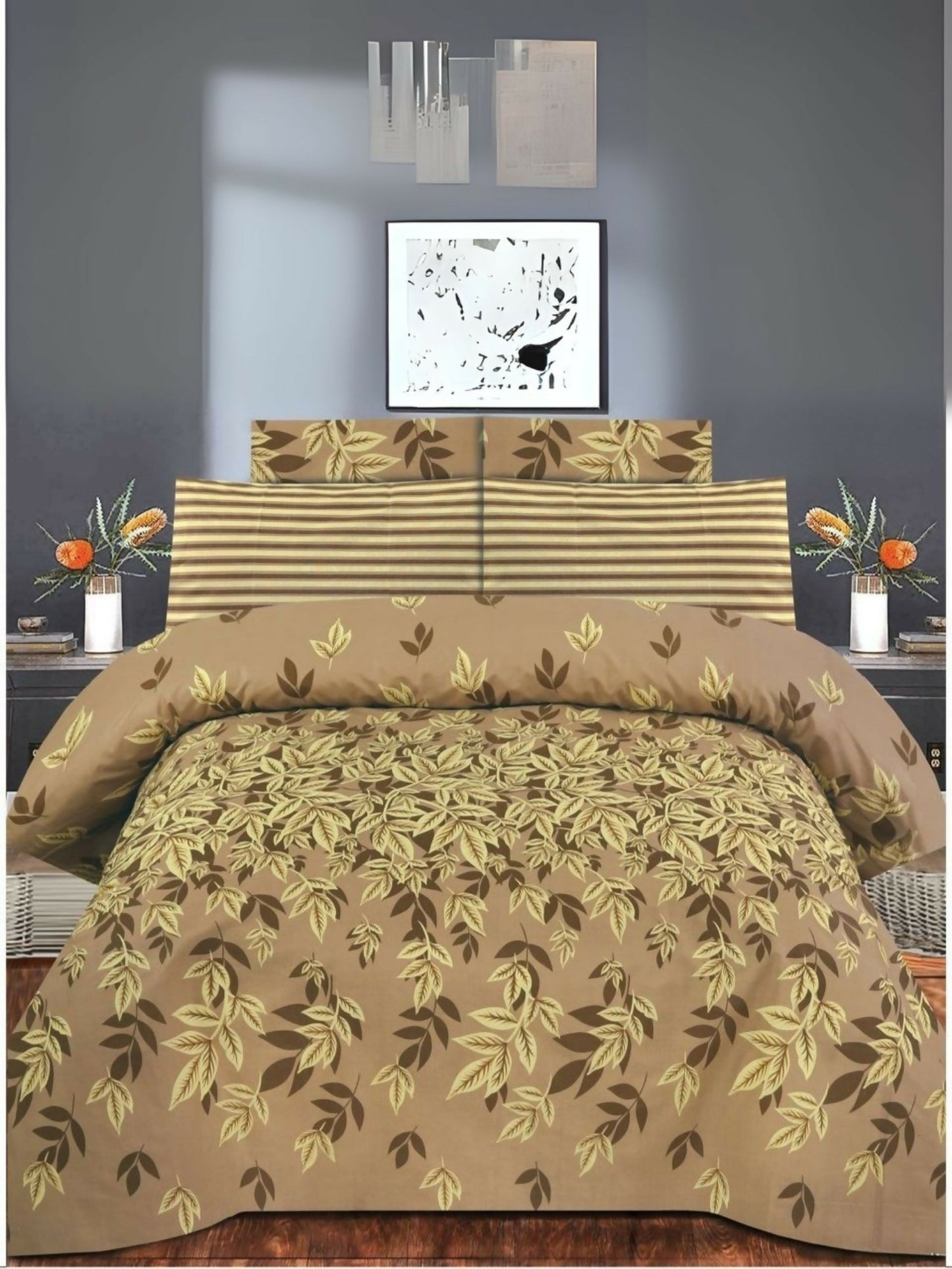 Light brown comforter set with leaves print – 6-piece poly cotton bedding set with matching bedsheet and pillow covers.