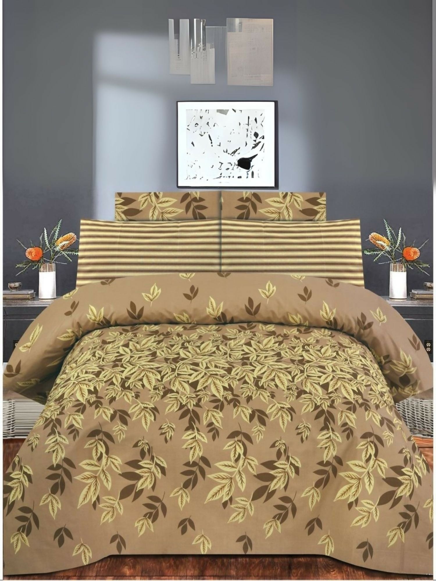 Light brown comforter set with leaves print – 6-piece poly cotton bedding set with matching bedsheet and pillow covers.
