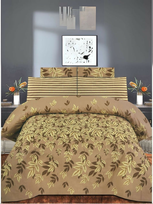 Light brown comforter set with leaves print – 6-piece poly cotton bedding set with matching bedsheet and pillow covers.