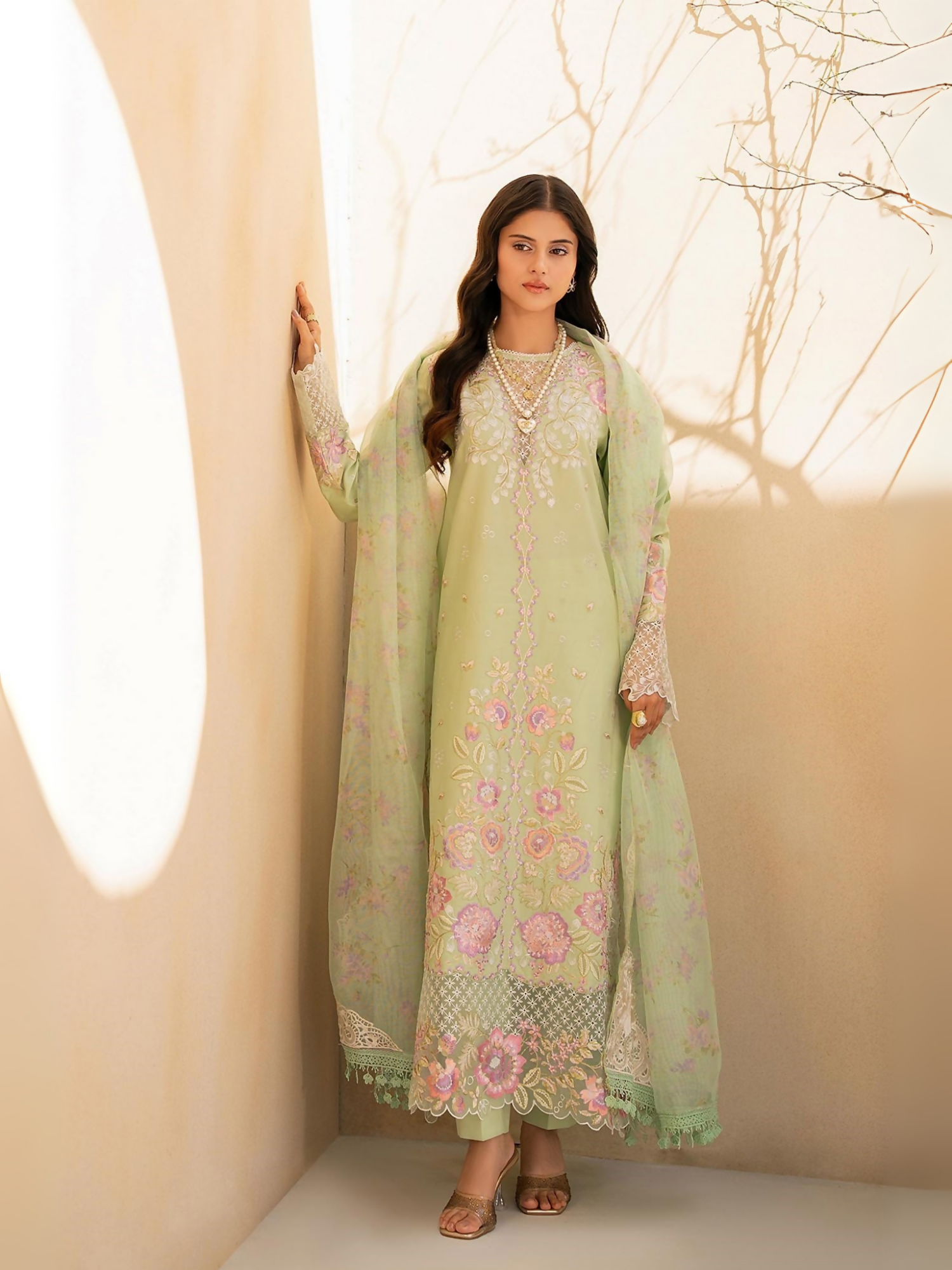 RajBari RAYA 1-B green floral embroidered 3-piece unstitched lawn suit with net dupatta