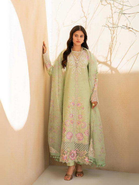 RajBari RAYA 1-B green floral embroidered 3-piece unstitched lawn suit with net dupatta