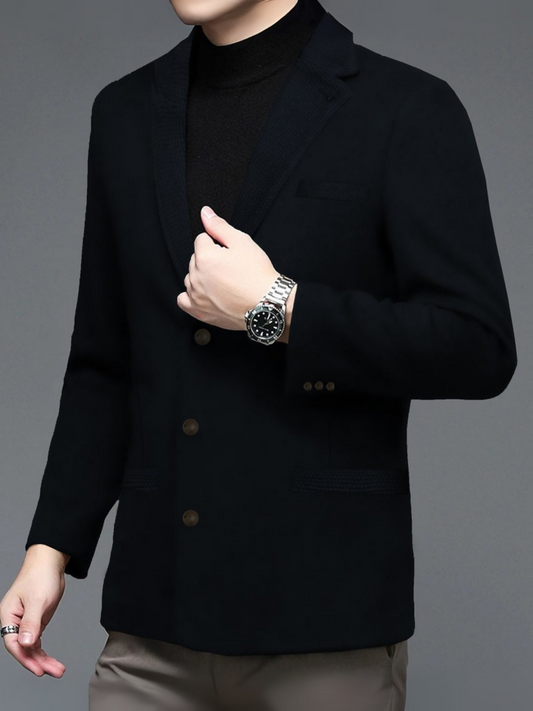 Imported long wool coat with textured collar, tailored fit, and classic business-style design, displayed against a plain background