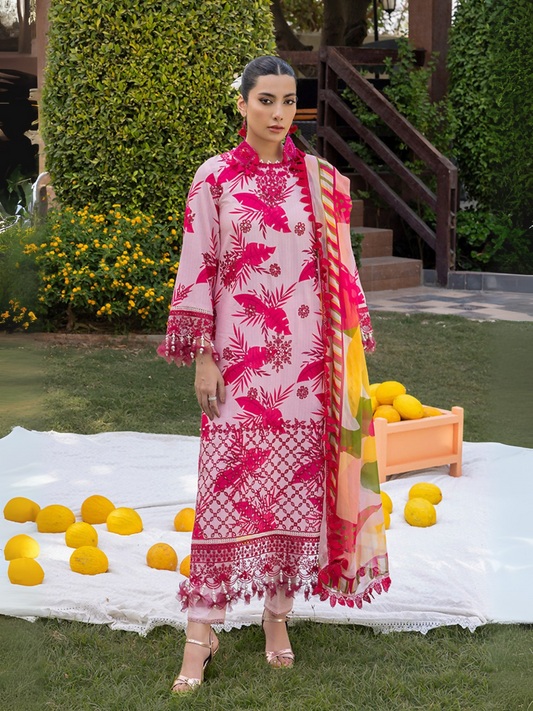 Woman wearing a light pink unstitched 3 piece suit with dark pink chikankari leaf embroidery, chiffon dupatta, and cotton trouser.