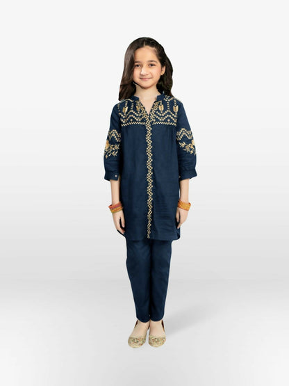 Navy Velvour Girls Embroidered Stitched 2-Piece Suit-VG77