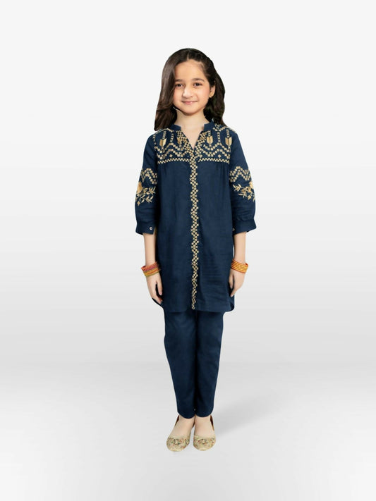 Navy Velvour Girls Embroidered Stitched 2-Piece Suit-VG77