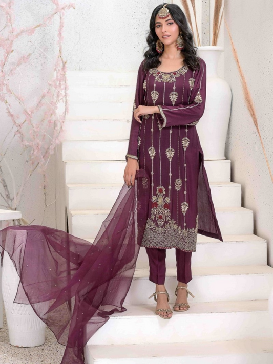 Ruby's Couture Ashiyana Pure Silk Embellished Stitched 3-Piece Suit-Parizaad