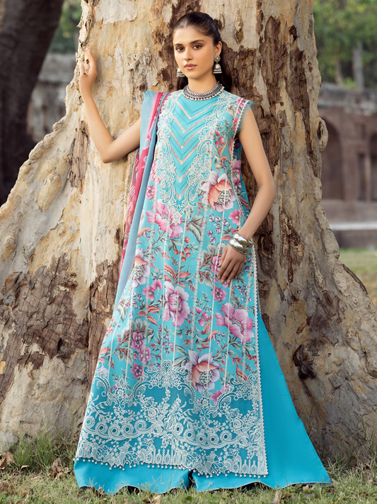 Embroidered digital printed shirt with organza lace and motifs, chiffon dupatta, and dyed cotton trouser.