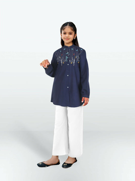 Dark Blue Velvour Girls Embroidered Stitched Tunic-VG122-B