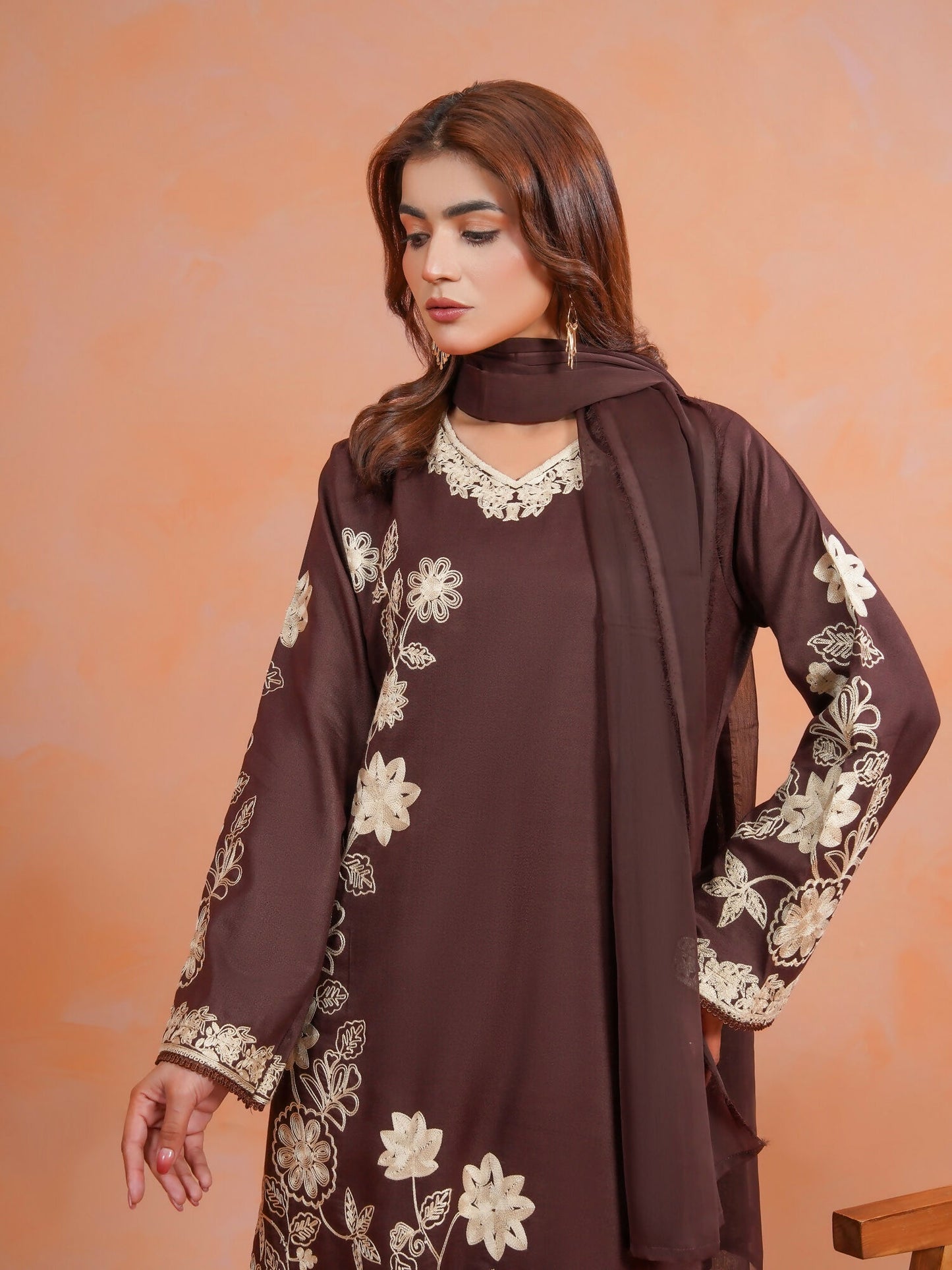 Tawakal Closet Dhanak Embroidered Stitched 3-Piece Suit-Brownish