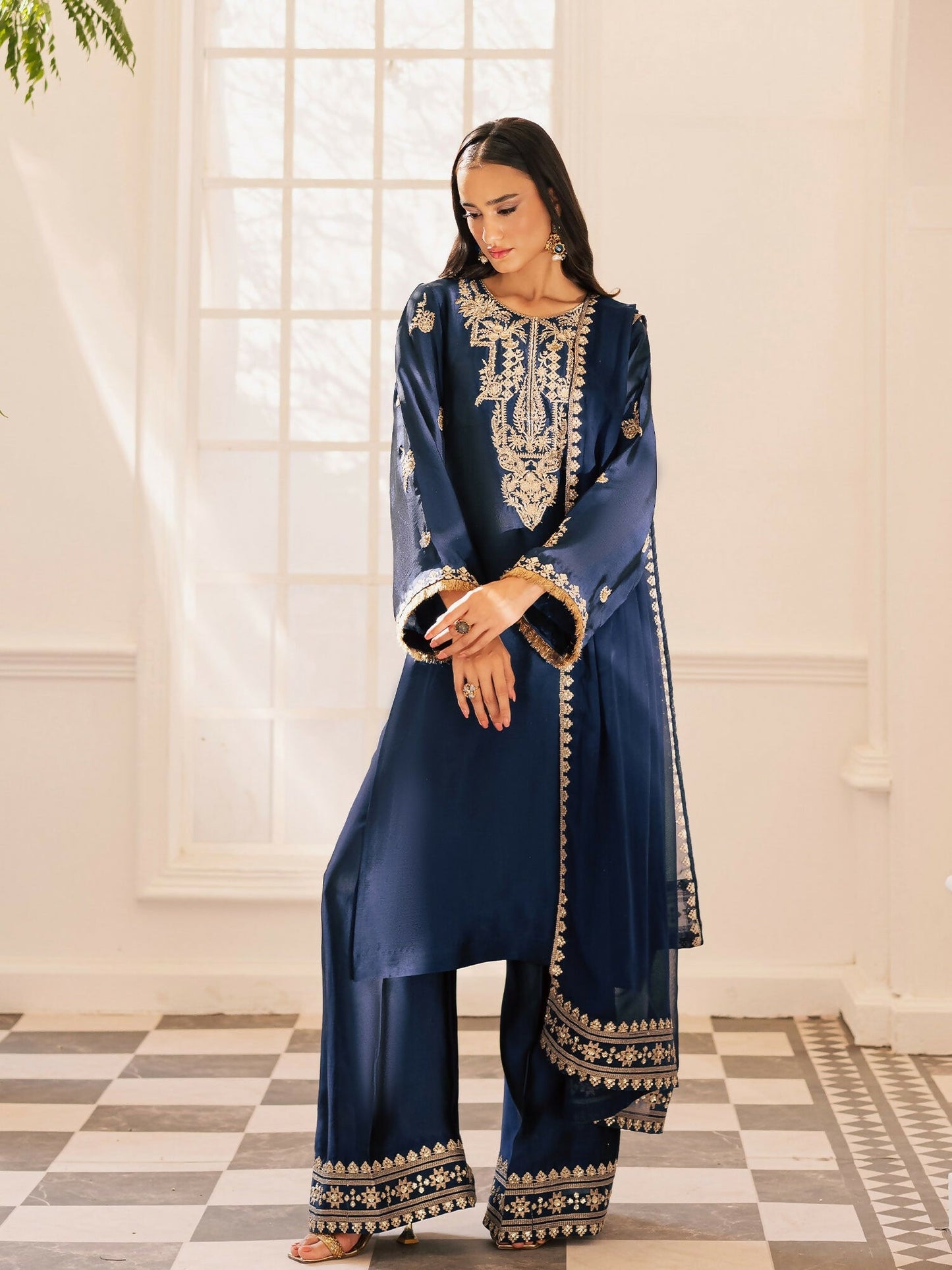 Allure By IH Be-My-Guest Thai Silk Embroidered Stitched 3-Piece Suit-Midnight