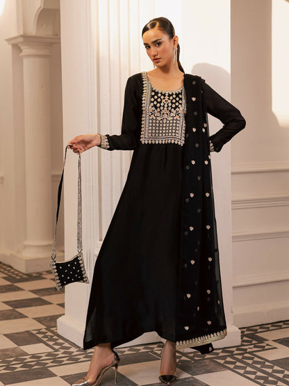 Allure By IH Be-My-Guest Thai Silk Embroidered kaftan Set-Espresso