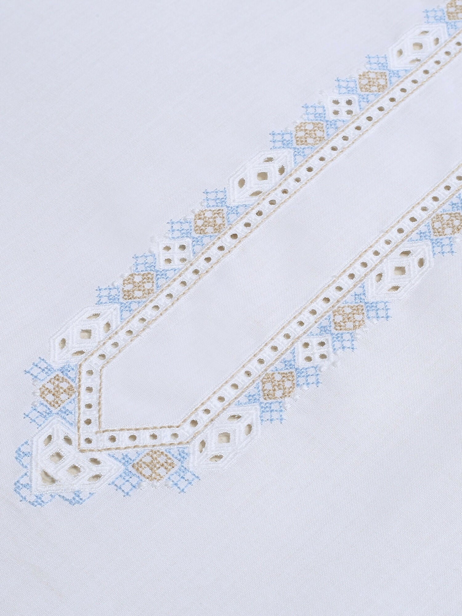 Off-white unstitched men’s embroidered kameez shalwar from Fabrich’s Virsa collection, featuring multi-dyed cotton thread cutwork on soft fine cotton with premium finishing.