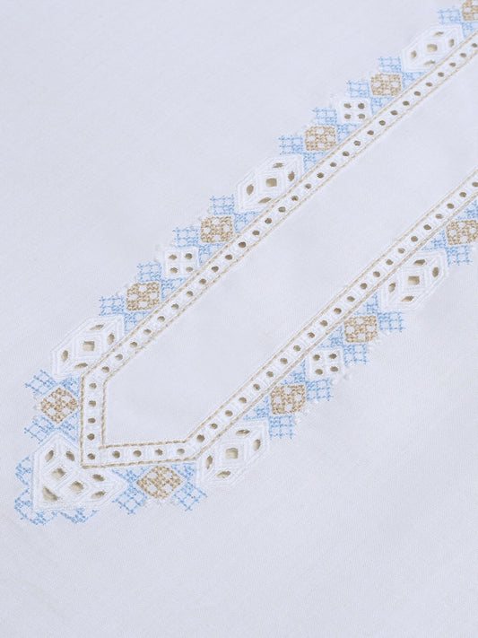 Off-white unstitched men’s embroidered kameez shalwar from Fabrich’s Virsa collection, featuring multi-dyed cotton thread cutwork on soft fine cotton with premium finishing.