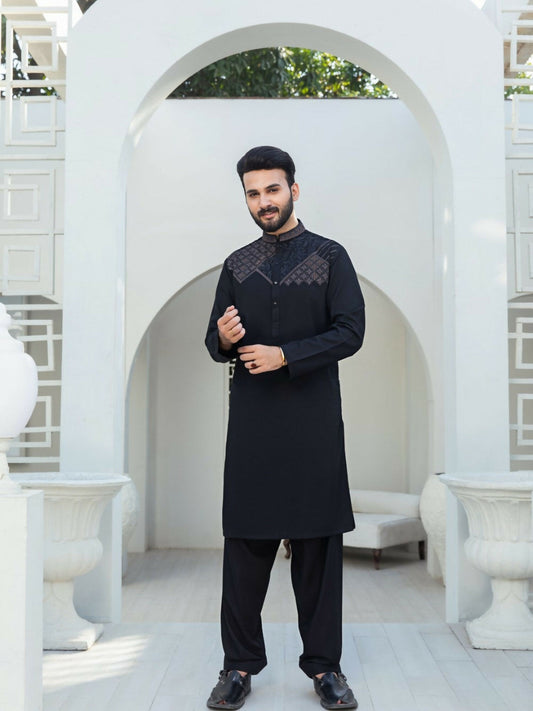 Black Fabrich Men Embroidered Wash N Wear Unstitched Shalwar Kameez-GTS-B-020