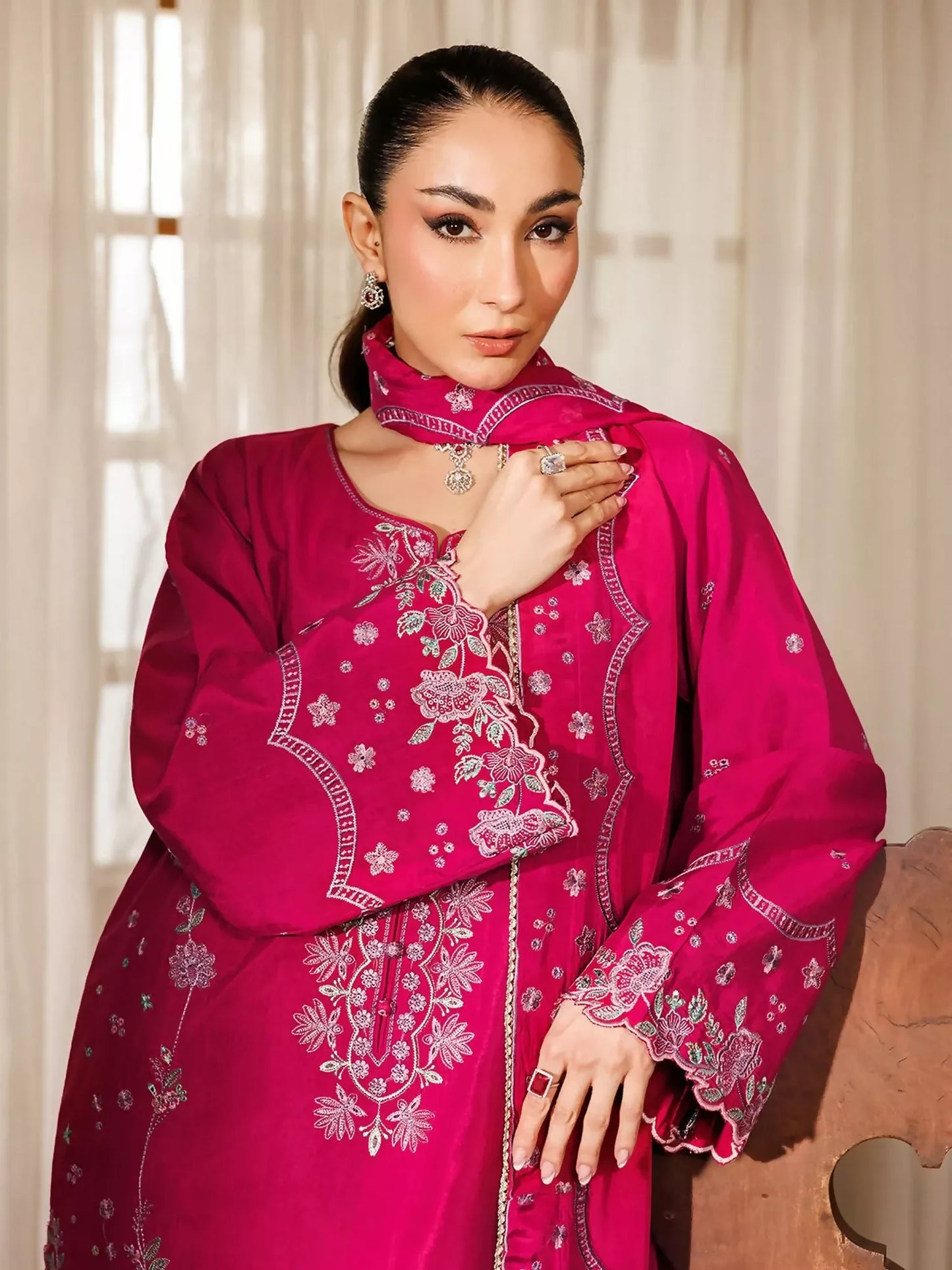 Panache Apparel Noore Eid Edit Raw Silk Embroidered Stitched Suit-Misha