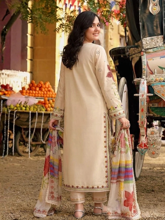 Cream-Duas Boutique Lawn  Embroidered Stitched 3-Piece Suit-Aneelas
