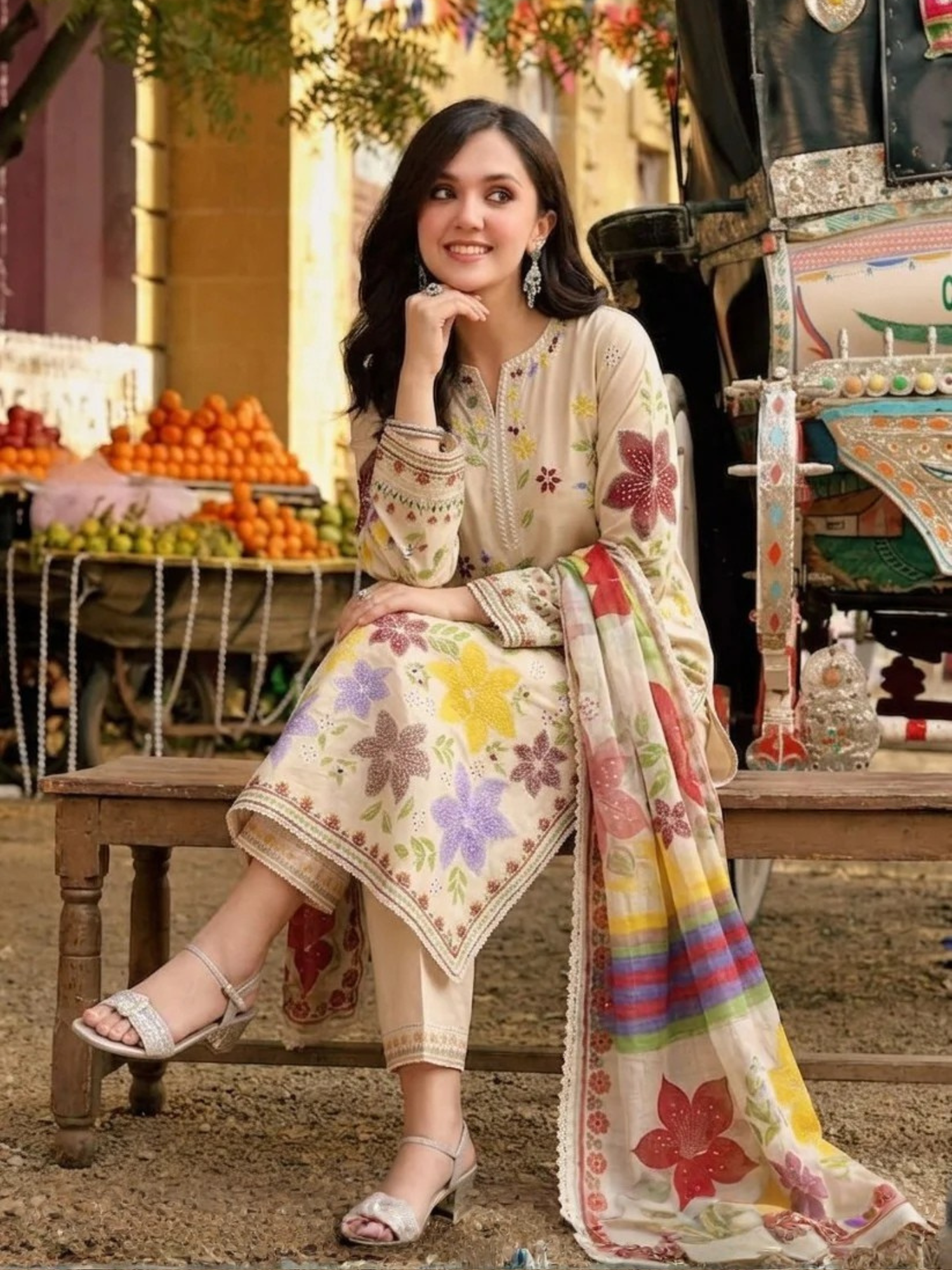 Cream-Duas Boutique Lawn  Embroidered Stitched 3-Piece Suit-Aneelas