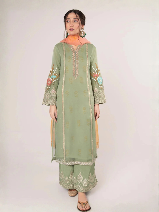 Green-HEM Organza Embroidered Stitched 4-Piece Suit-Holi