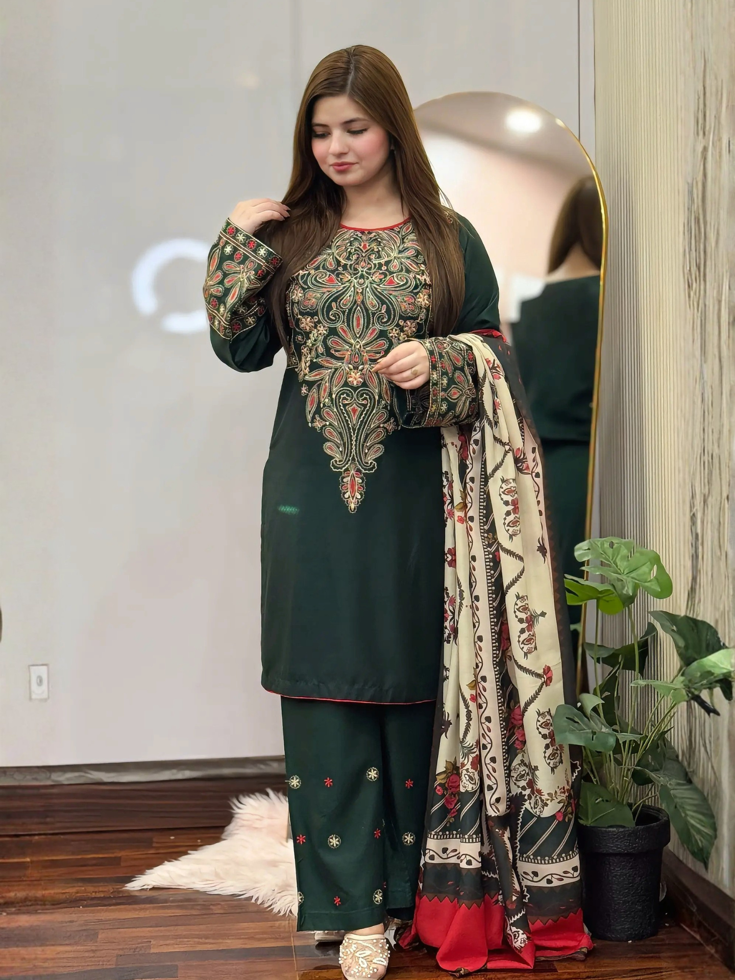 Green-Tehzeeb Libaas Lawn Embroidered Stitched 3-Piece Suit-Dinaar