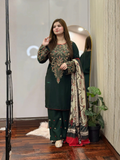 Green-Tehzeeb Libaas Lawn Embroidered Stitched 3-Piece Suit-Dinaar