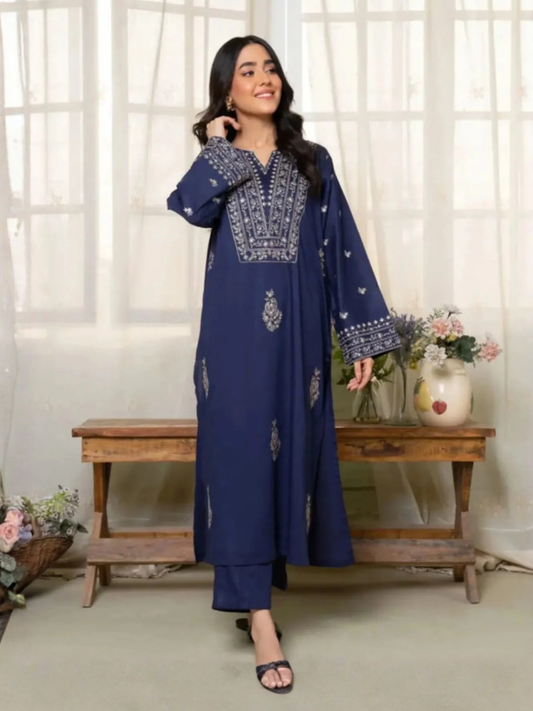 Blue-Ayat Closet Summer Linen Embroidered Stitched 2-Piece Suit-Royal Dusk