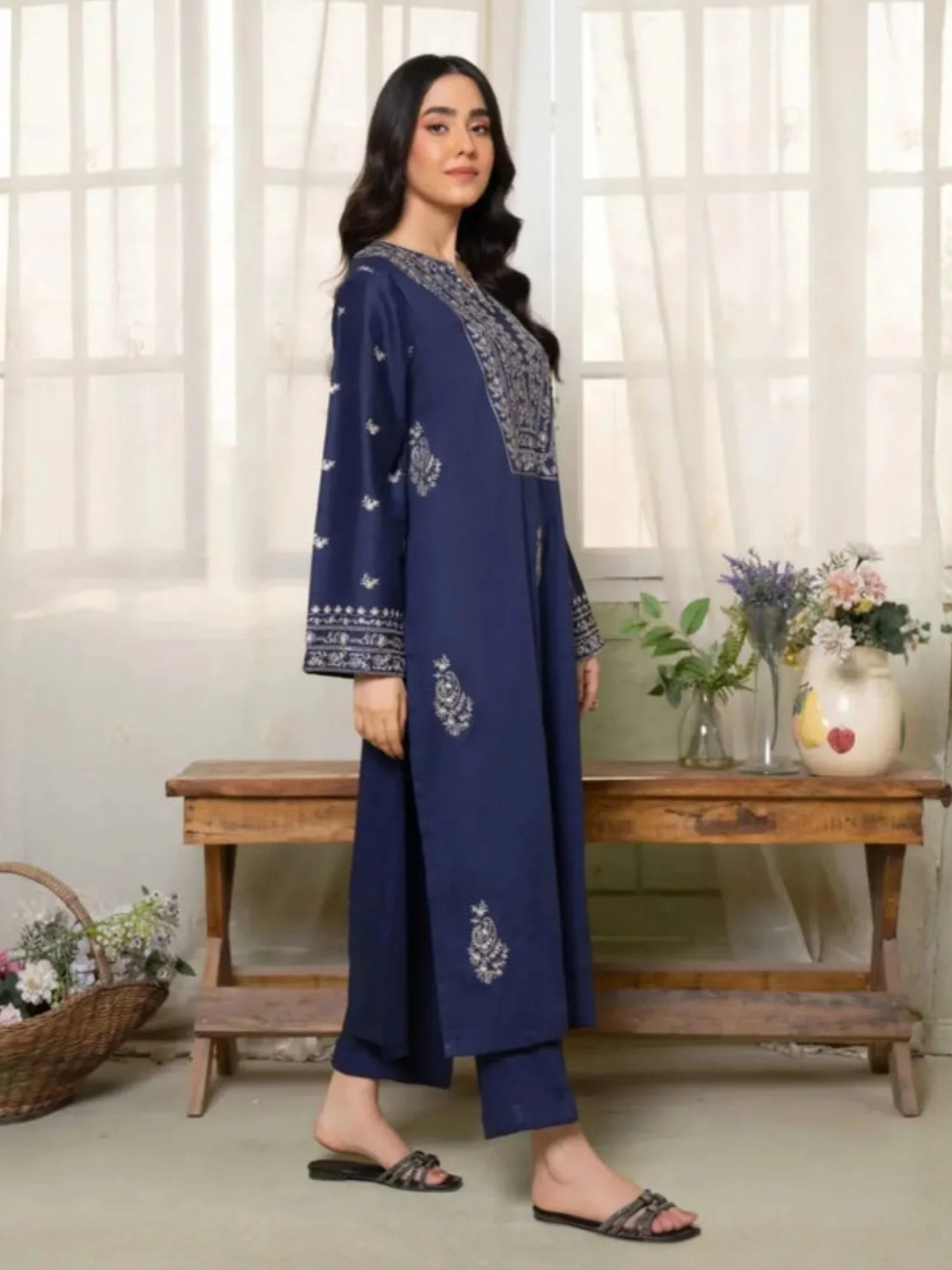 Blue-Ayat Closet Summer Linen Embroidered Stitched 2-Piece Suit-Royal Dusk