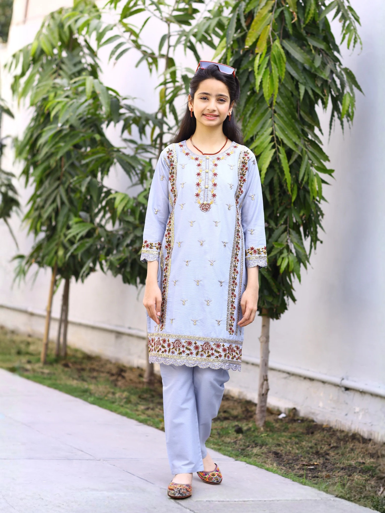 Blue-Lumira Cotton Embroidered Stitched 2-Piece Suit-Ocean Pearl