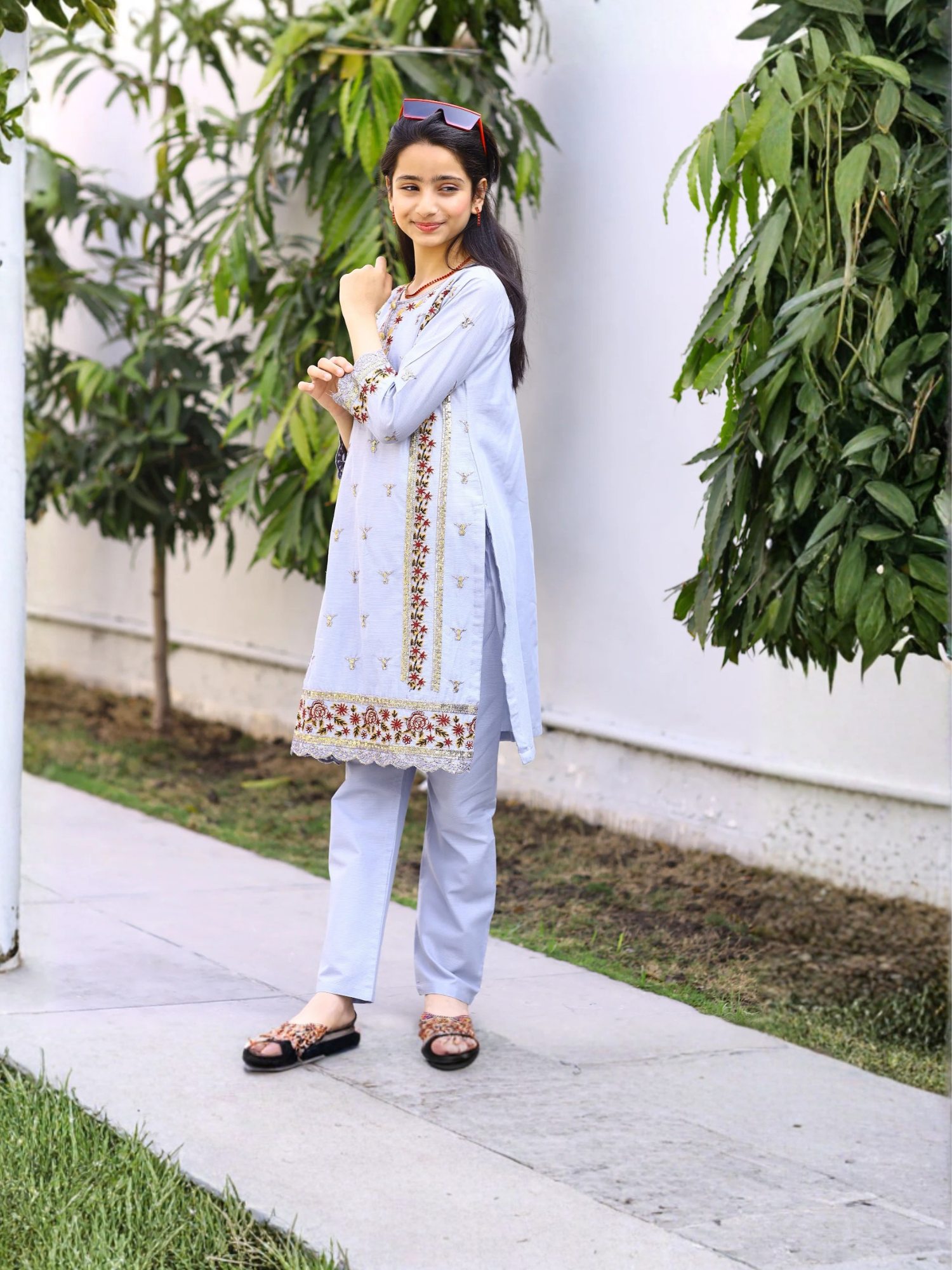 Blue-Lumira Cotton Embroidered Stitched 2-Piece Suit-Ocean Pearl