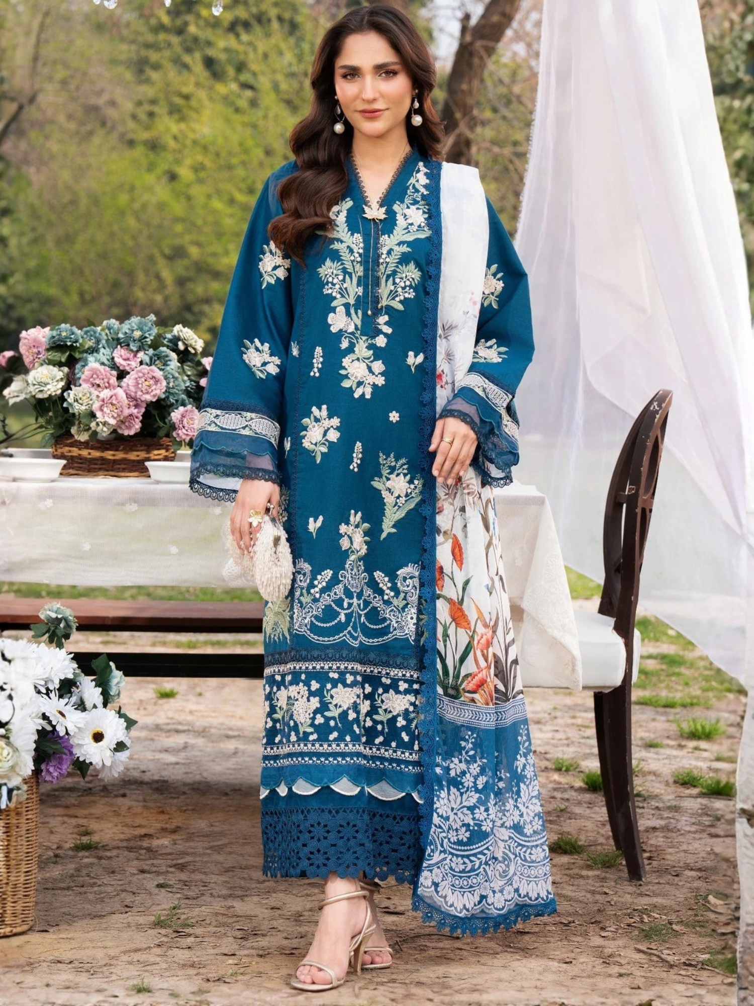 Blue-Chandan Nagri Lawn Embroidered Stitched 3-Piece Suit-Mudan Luxe