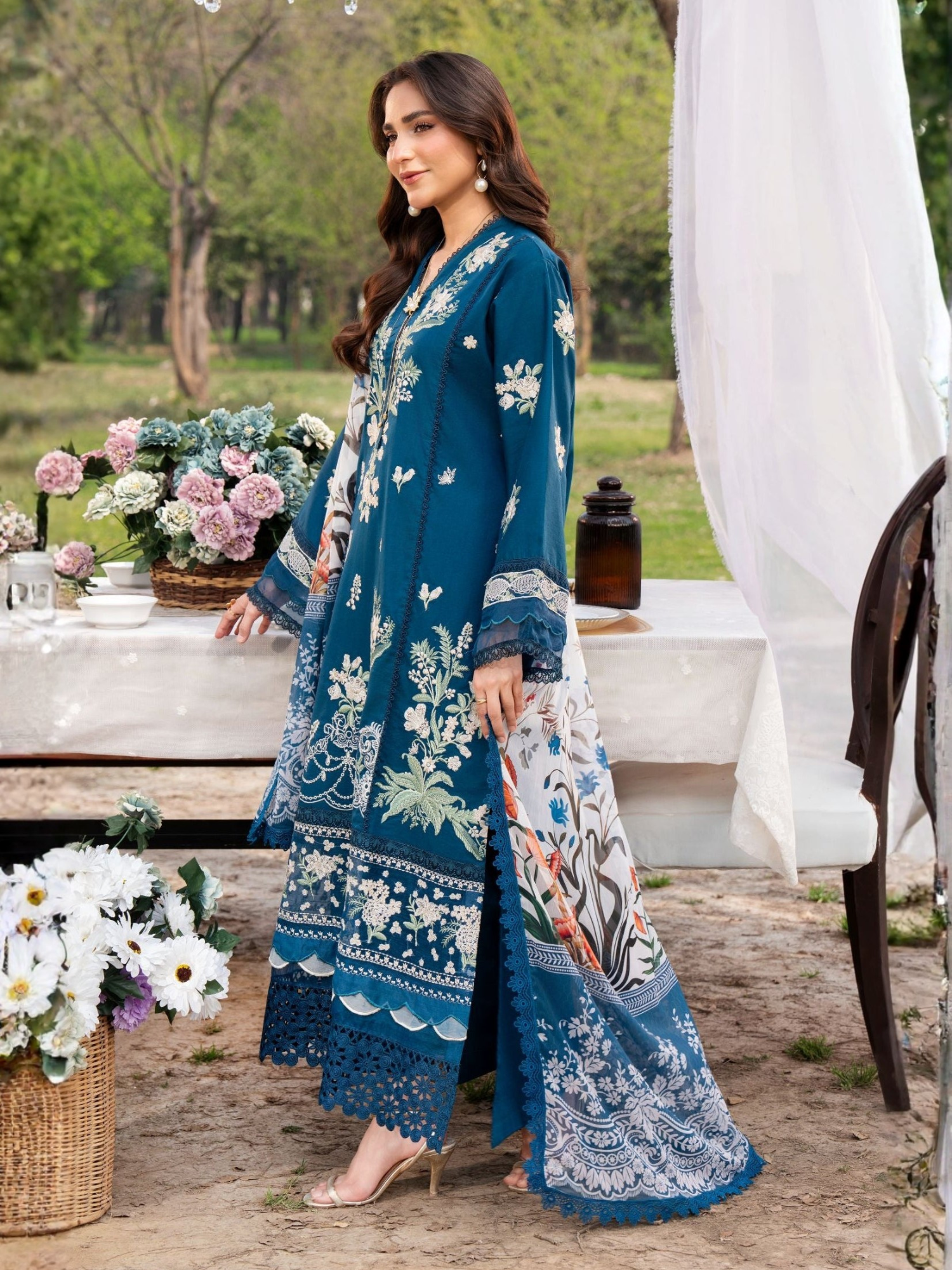 Blue-Chandan Nagri Lawn Embroidered Stitched 3-Piece Suit-Mudan Luxe